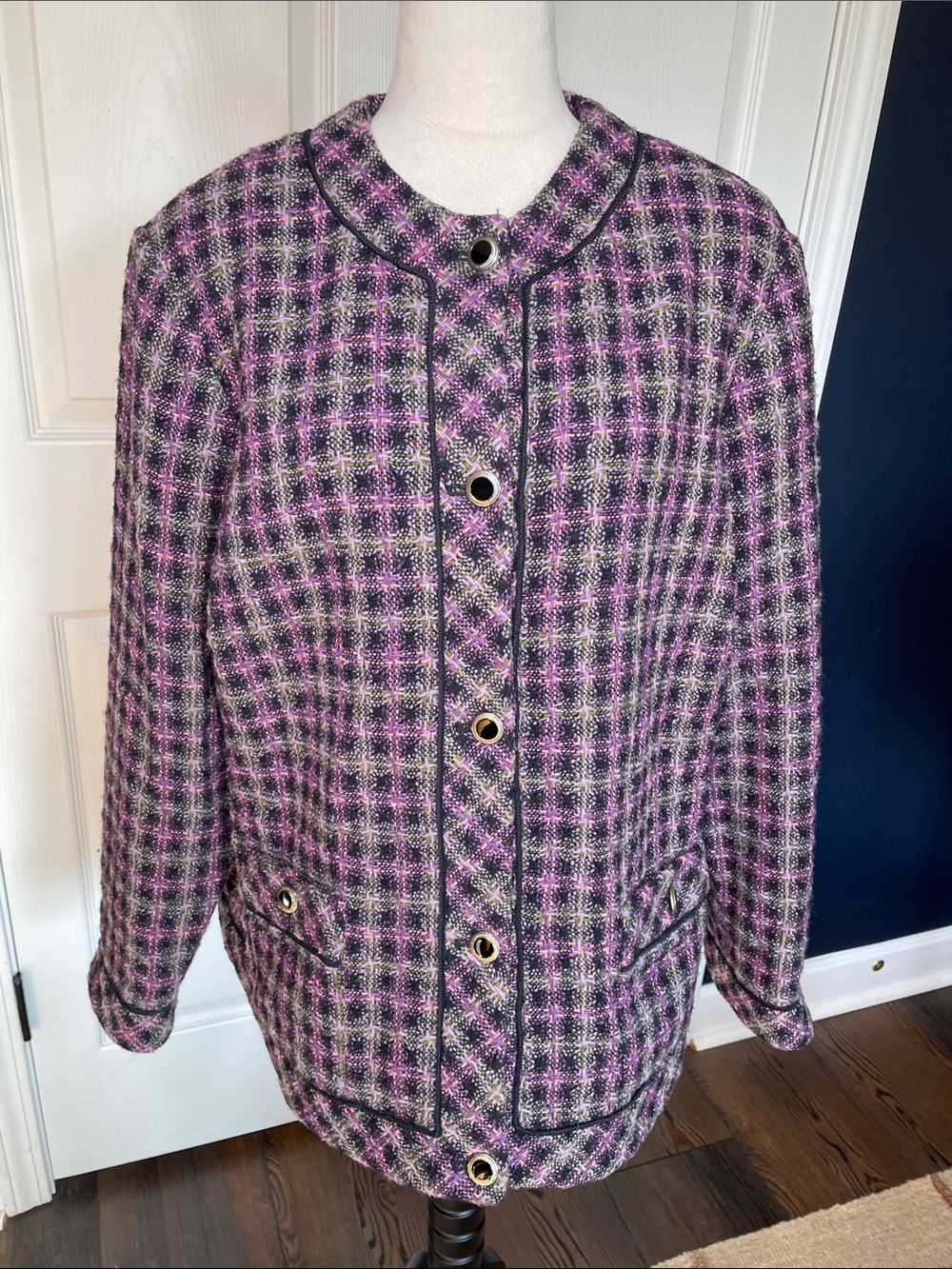 Vintage Tog Shop Black & Purple Plaid Tweed Blazer Gold Button Trim Size XL